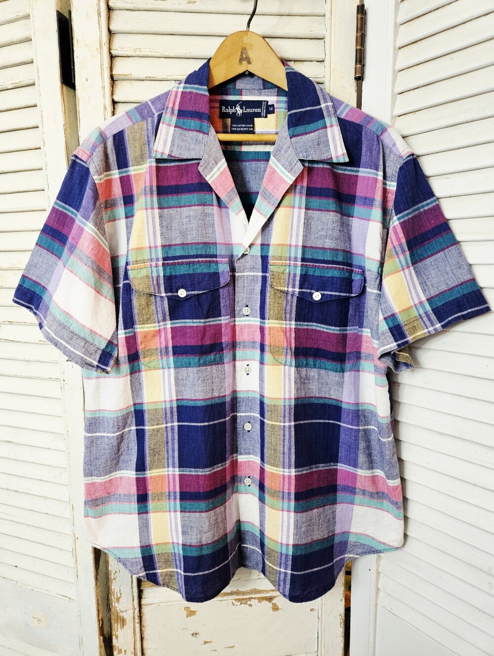 Ralph Lauren Short Sleeve 100% Cotton Madras Button Up Shirt Size 12 Large